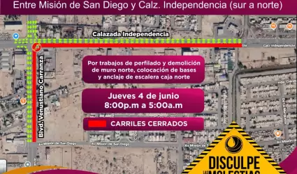 Cierre vial nocturno en calzada Independencia y bulevar Carranza