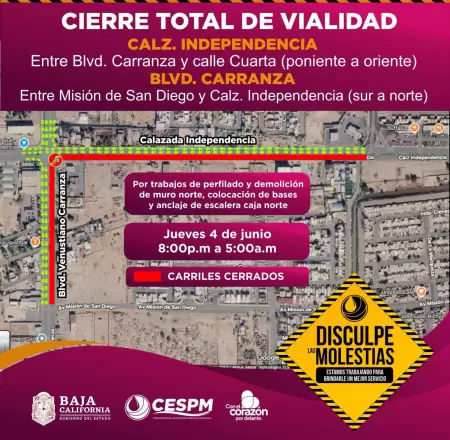 Cierre vial nocturno en calzada Independencia y bulevar Carranza