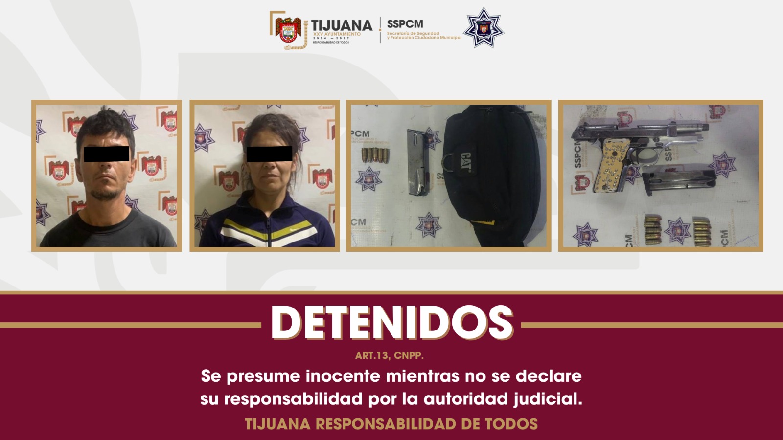 Arresta Policía Municipal a dos personas por la presunta posesión de un arma de fuego