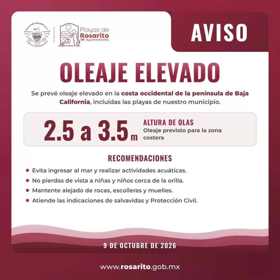 Alertan por oleaje de hasta 3.5 metros en costas de Rosarito