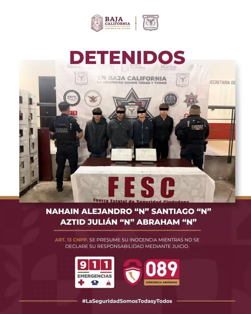 Asegura FESC dos armas de fuego y detiene a cuatro jóvenes en Tijuana