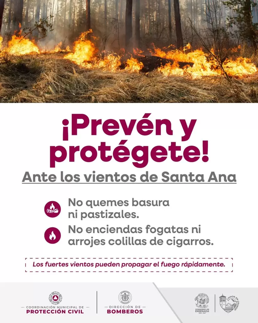 Alertan por riesgo de incendios y caída de objetos ante vientos de Santa Ana en Ensenada