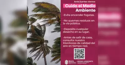 Emite Secretar�a de Medio Ambiente aviso preventivo por fuertes vientos