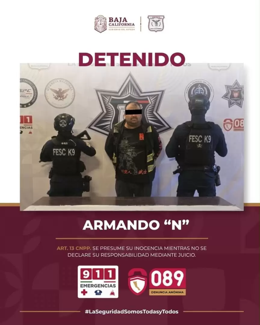 Captura Fuerza Estatal a hombre buscado por homicidio en Tecate