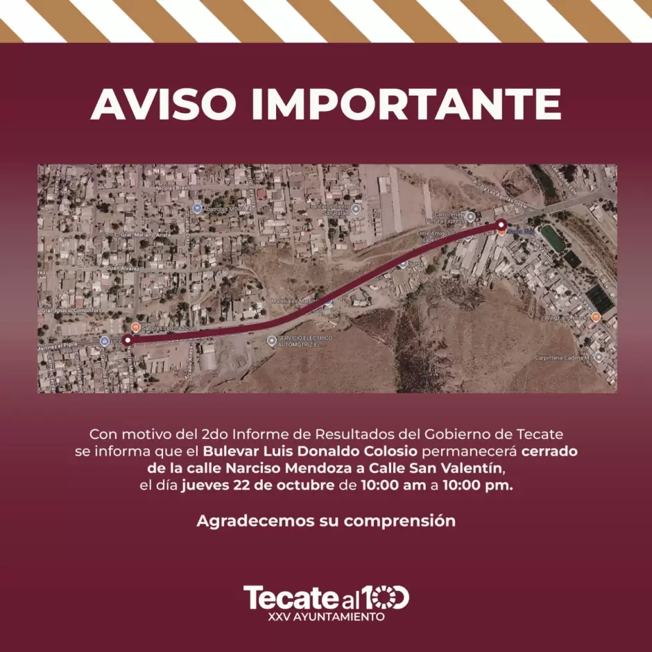 Anuncian cierre temporal del bulevar Luis Donaldo Colosio en Tecate para el jueves 22 de octubre
