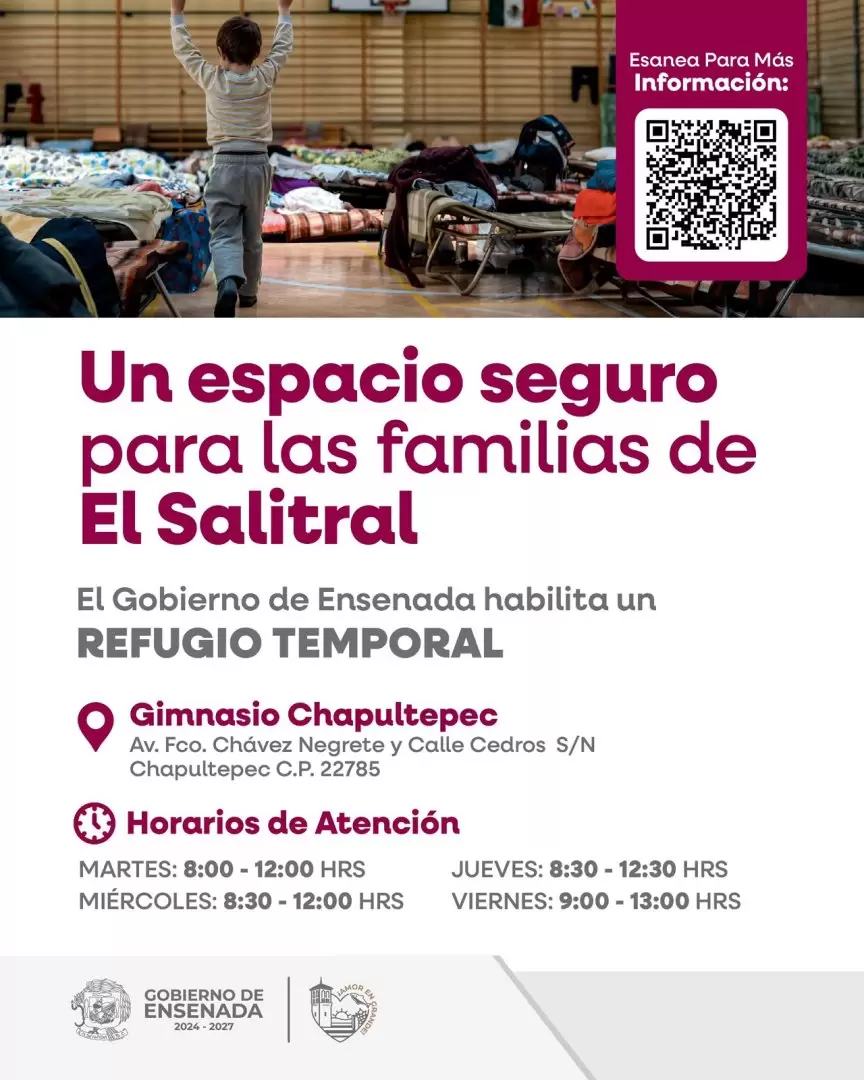 Habilita Gobierno de Ensenada refugio temporal para familias de El Salitral